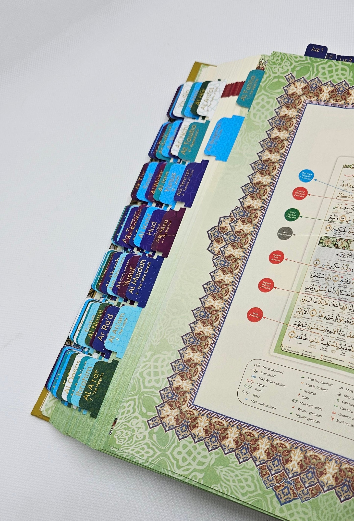 Decorative book with colorful illustrations on a white surface