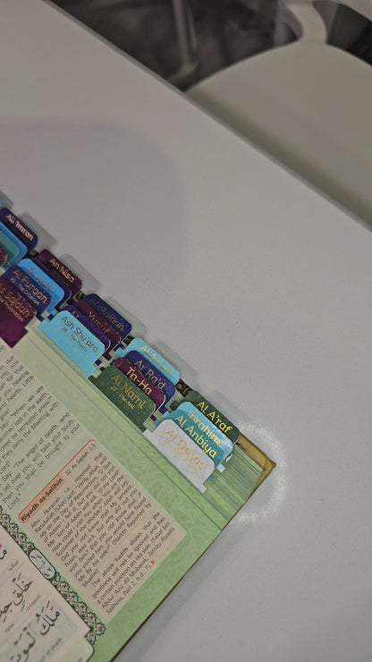 Quran Tabs | Premium Vinyl + Gold Foil Complete Quran Indexing System in English | Surah & Juz Tabs/Bookmarks | High Quality Study (Vibrant Colors)